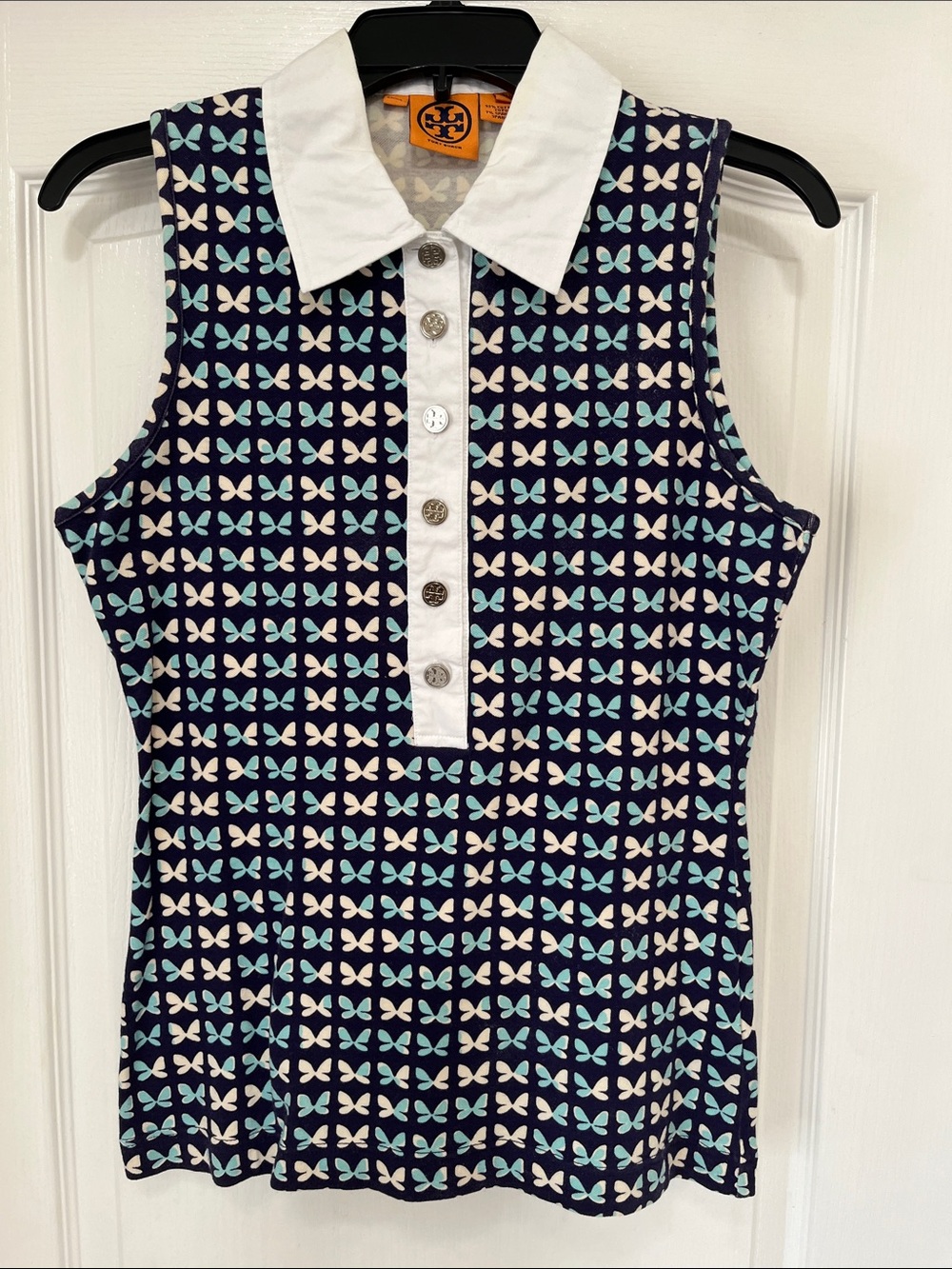 Tory Burch Navy Sleeveless Polo with Light Blue & Cream Motif, M